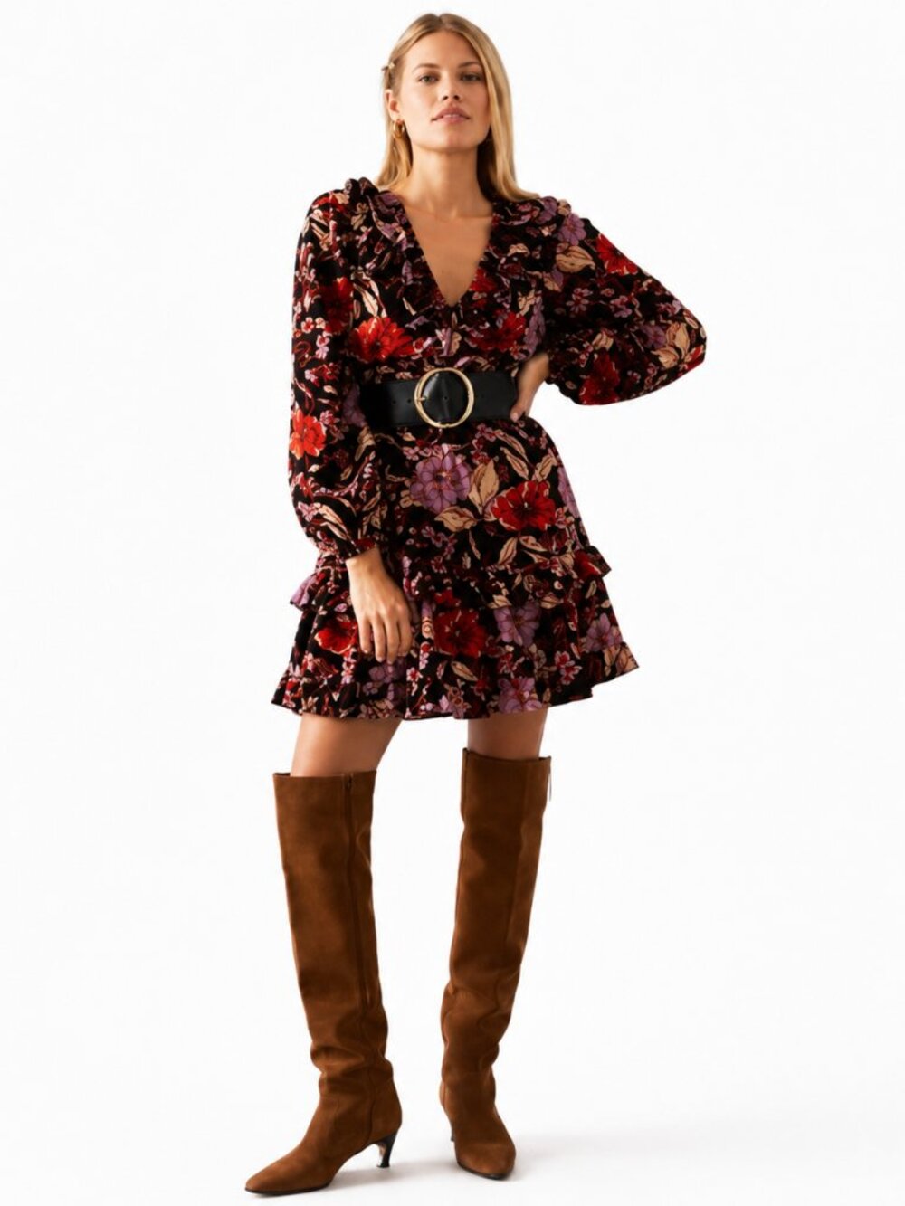 Anthropologie Pilcro Dress Womens L Floral Corduroy Tiered Mini Boho Cottagecore